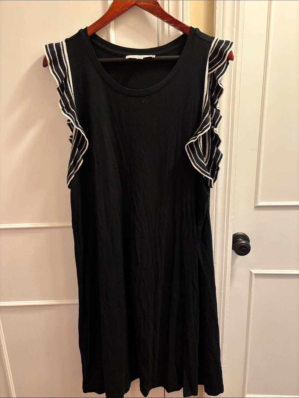 LOFT Black Sleeveless Ruffle-Trim Dress with White Stripe Accents